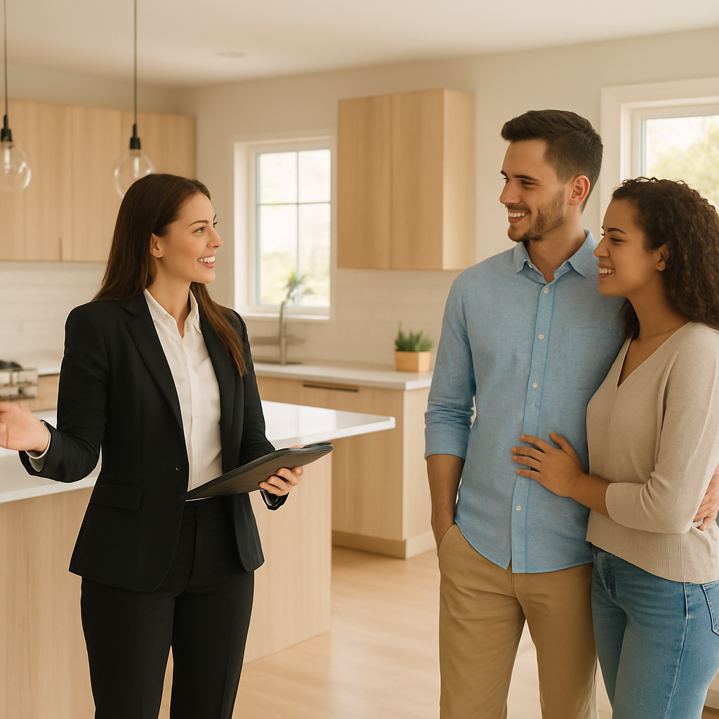 Real estate agent showing clients around a house